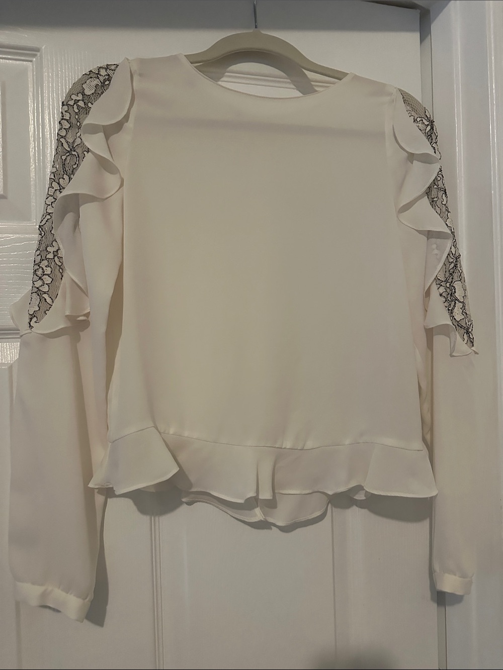 Zara Cream Ruffle Blouse with Black Lace Sleeves